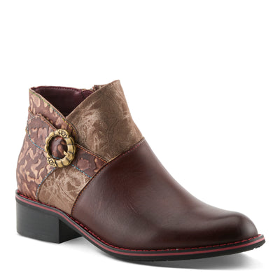 L’Artiste Women’s Tiatia brown ankle bootie with side zipper, antique brass rose buckle, hand-painted leather, and soft suede accents.