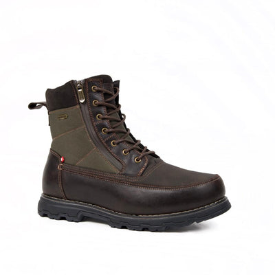 Men’s NexGrip Ice Caleb boot in chocolate leather featuring waterproof membrane, anti-slip sole, and stainless steel retractable cleats.