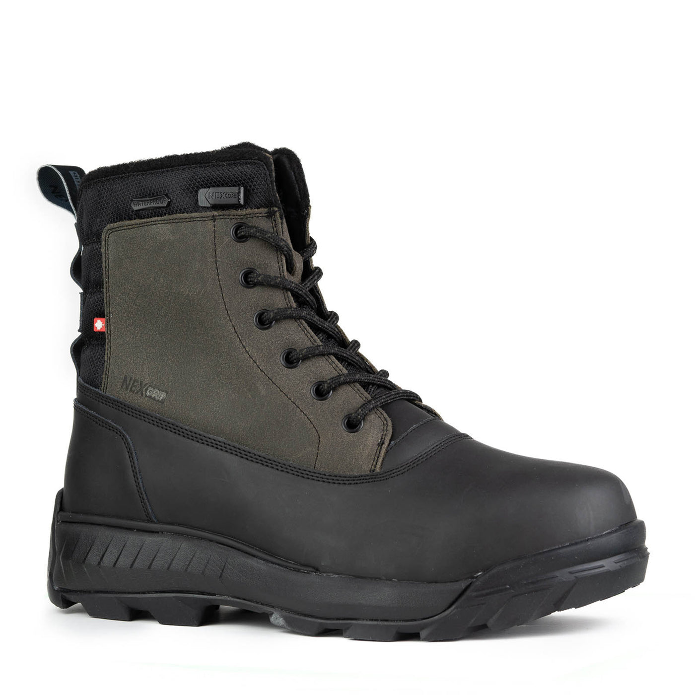 Men’s NexGrip Ice Victor olive boot featuring waterproof leather, stainless steel cleats, and Merino wool lining for extreme cold protection.