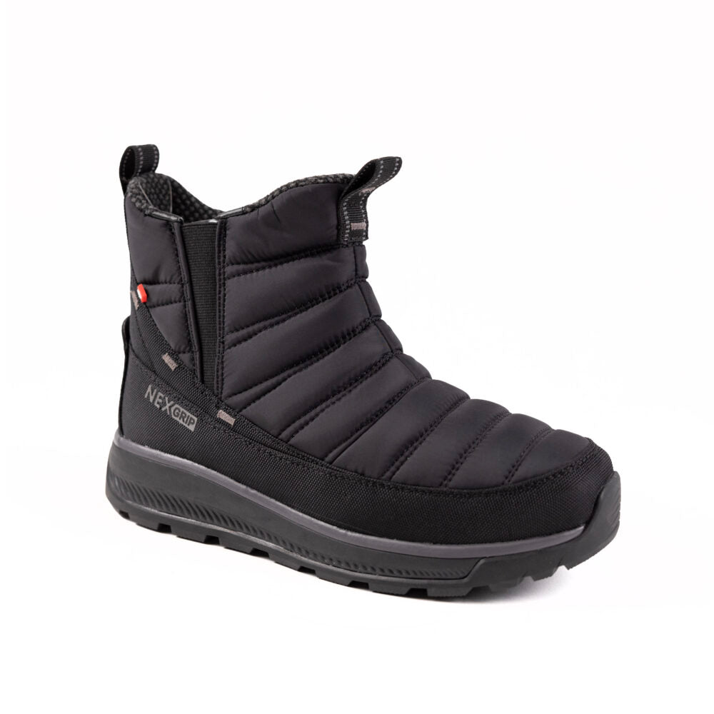 Black NexGrip Ice Maeva women’s waterproof winter boot with Merino wool lining, Thinsulate insulation, and traction cleats for icy conditions.