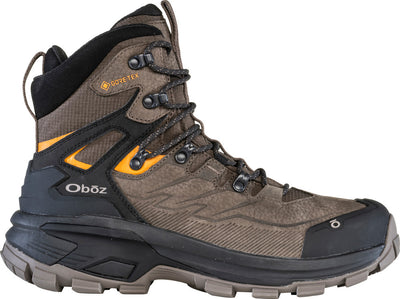 Oboz men's Bridger Ridge Mid GTX hiking boot in brown with GORE-TEX waterproof upper, rubber toe cap, and rugged outsole for stability, traction, and all-weather protection.