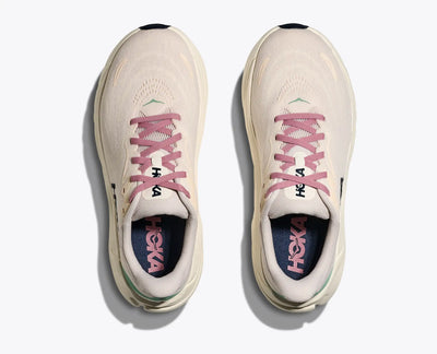 Top view of HOKA Women’s Arahi 8 stability running shoes in rose cream and alabaster, featuring pink laces, jacquard mesh upper, and cushioned EVA midsole for everyday runs.