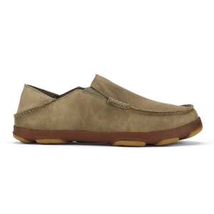 OluKai Men’s Moloā slip-on in clay toffee waxed nubuck leather with brown sole, handcrafted stitching, and casual yet refined design.