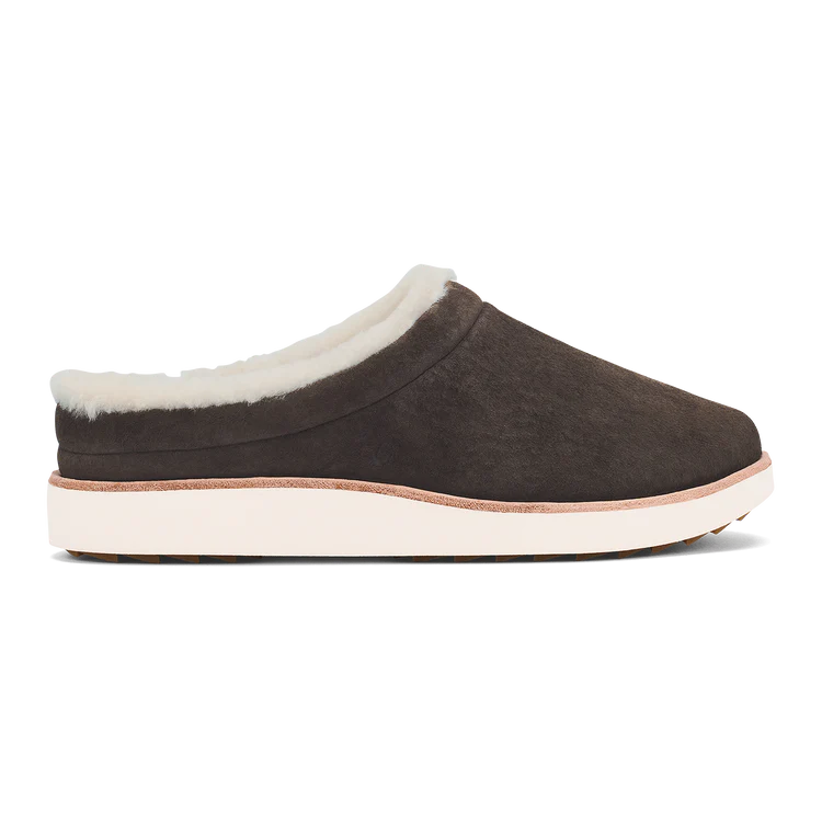 Women’s OluKai Mani dark oak leather slipper featuring soft shearling lining, supportive comfort footbed, and durable white outsole.