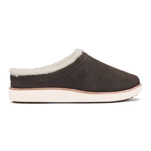 Women’s OluKai Mani dark oak leather slipper featuring soft shearling lining, supportive comfort footbed, and durable white outsole.