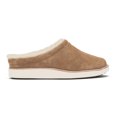 OluKai Women’s Mani slipper in tan golden sand nubuck leather with plush shearling lining and white rubber sole for cozy indoor and outdoor comfort.