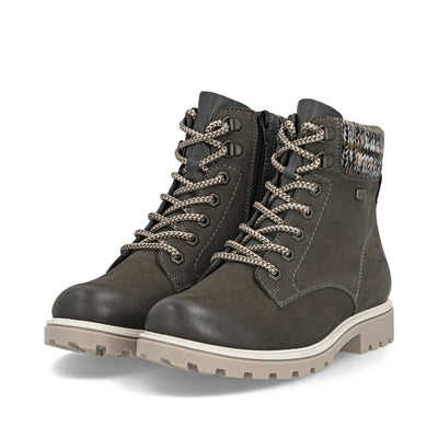 Remonte Women’s Smoke suede lace-up boots with knit collar, side zipper, removable insole, and water-resistant design for warmth and traction.