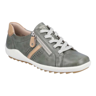 Gray and beige leather sneaker with lace-up closure, side zipper for easy on-off, leather lining, and a lightweight yet durable platform sole for everyday comfort and style.