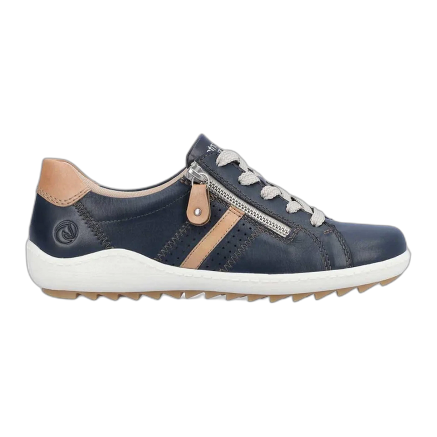 Navy blue leather sneaker with beige accents, lace-up closure, side zipper for easy wear, and a lightweight outsole designed for a comfortable and adjustable fit.