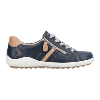 Navy blue leather sneaker with beige accents, lace-up closure, side zipper for easy wear, and a lightweight outsole designed for a comfortable and adjustable fit.