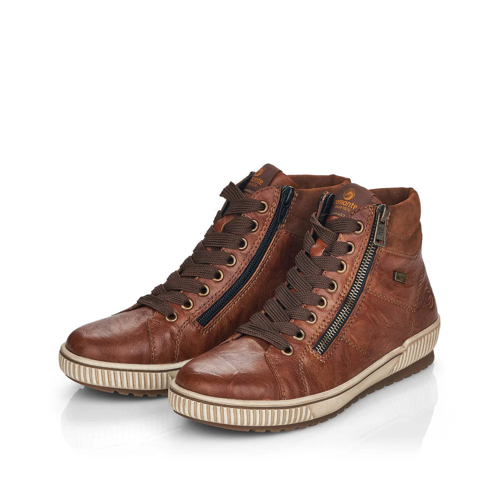 Remonte Women’s Brown leather Hi Zip sneakers with lace-up front, side zipper, and removable insole for cushioned, water-resistant comfort.