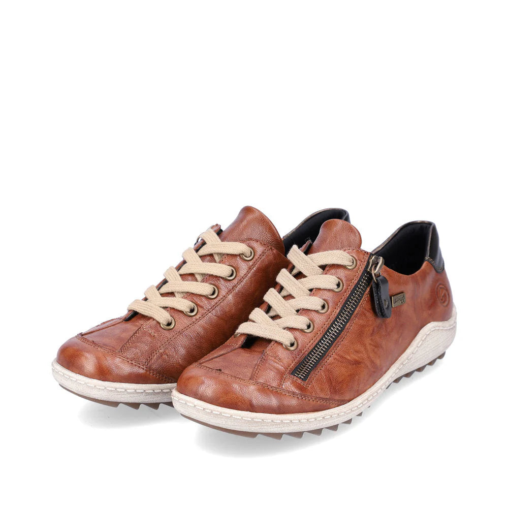 Remonte Women’s Brown suede leather oxford sneakers with beige laces, side zipper, removable insole, and water-resistant design for stylish comfort.