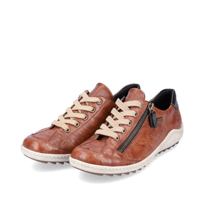 Remonte Women’s Brown suede leather oxford sneakers with beige laces, side zipper, removable insole, and water-resistant design for stylish comfort.