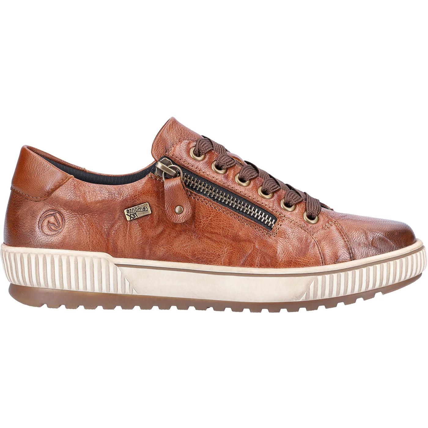 Remonte Women’s Brown leather waterproof sneakers with lace-up front, side zipper, and removable cushioned insole for comfort and easy wear.