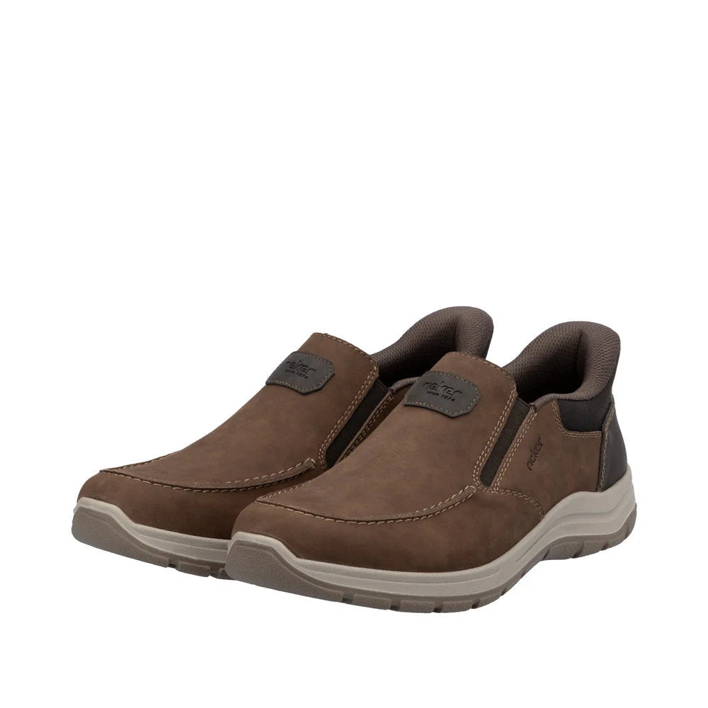 Rieker brown leather slip-on shoes with elastic bands for a secure fit, lightweight shock-absorbing sole, removable insole, and a Ready2GO feature for easy on-and-off convenience.