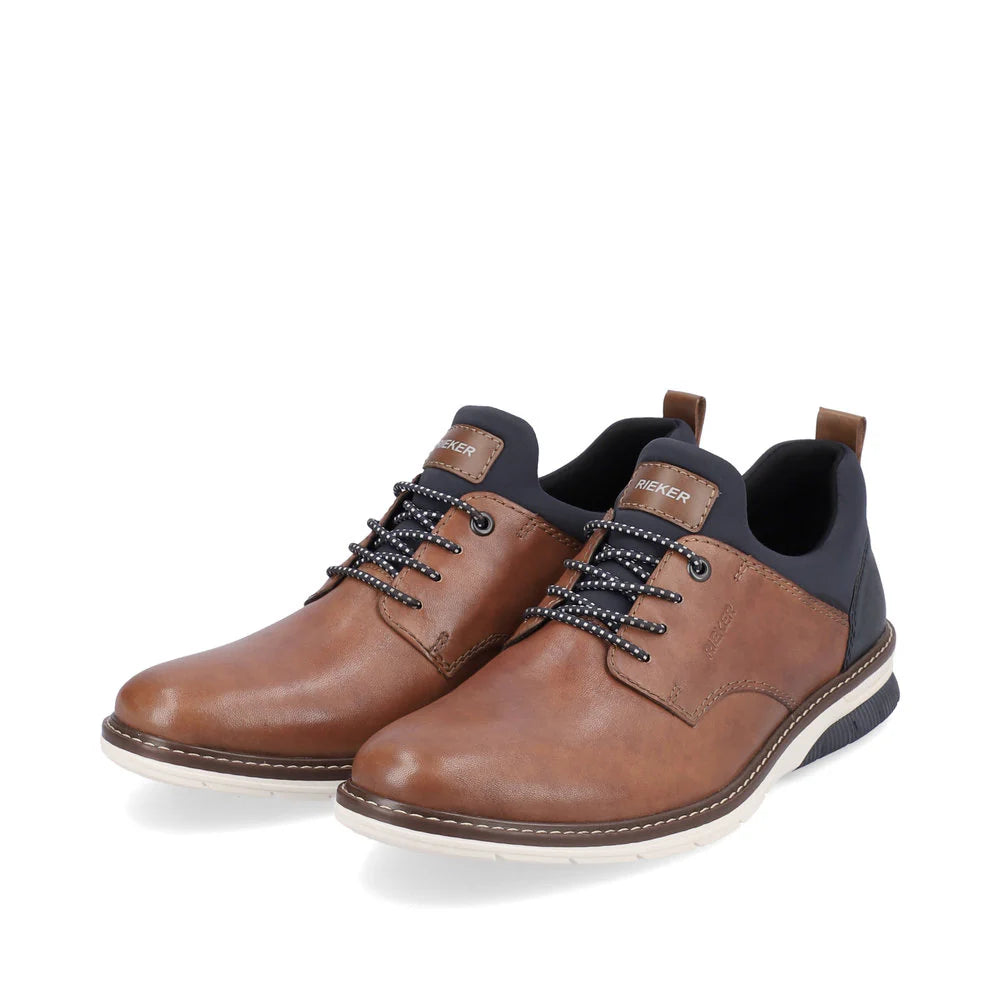 Men’s Rieker Amaretto leather shoes with lace-up front, cushioned collar, and flexible sole for breathable, all-day comfort.