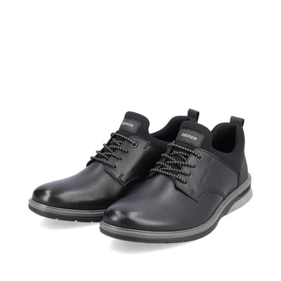 Rieker Men’s black leather casual shoes with elastic inserts, contrast stitching, and cushioned sole for flexible, breathable comfort.