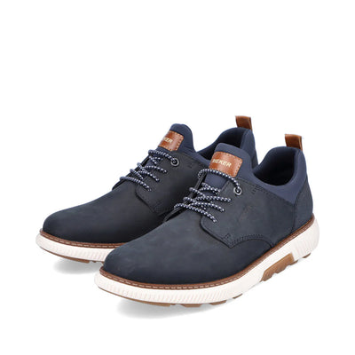 Rieker Men’s navy suede lace-up shoes with brown accents, cushioned removable insole, and lightweight sole for roomy all-day comfort.