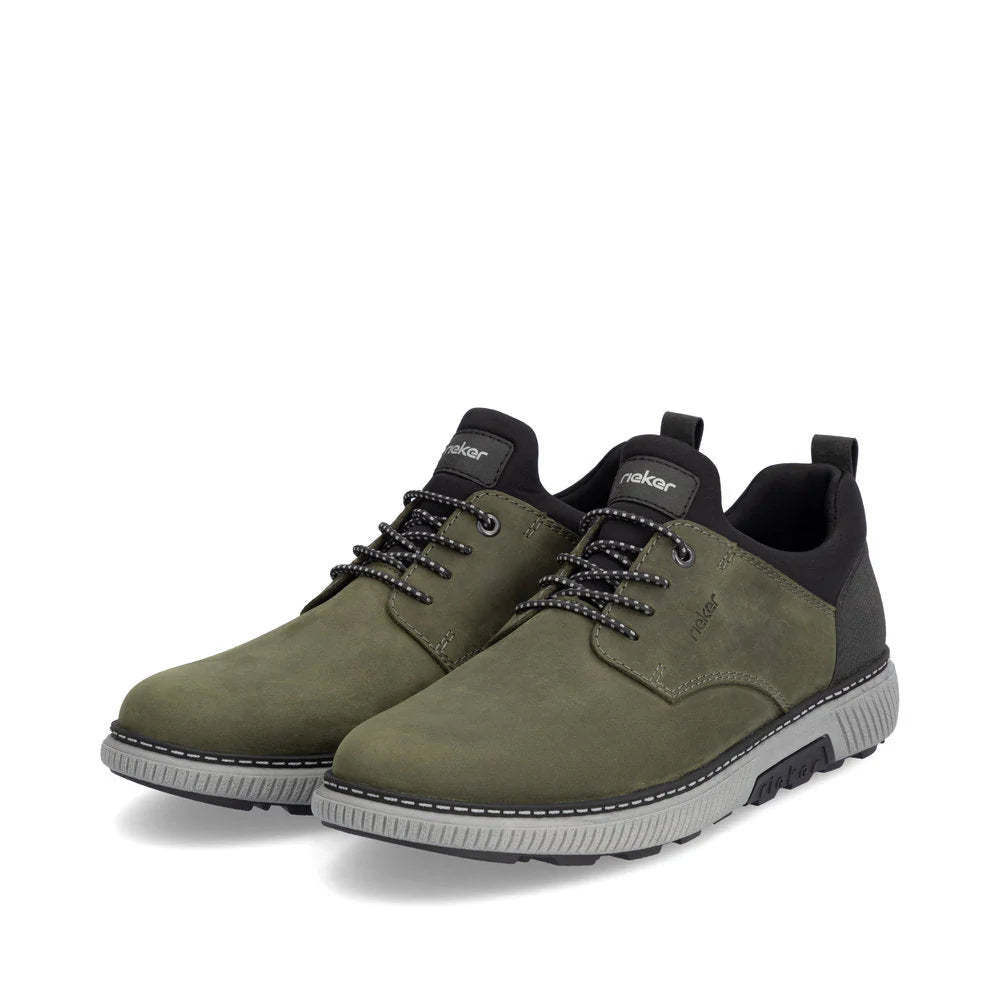 Rieker Men’s olive green suede lace-up shoes with black padded collar, contrast laces, and lightweight grey sole for extra-wide comfort.