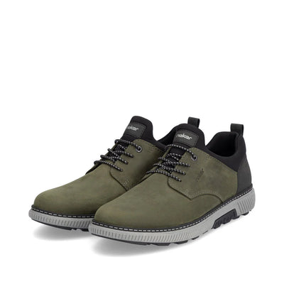 Rieker Men’s olive green suede lace-up shoes with black padded collar, contrast laces, and lightweight grey sole for extra-wide comfort.