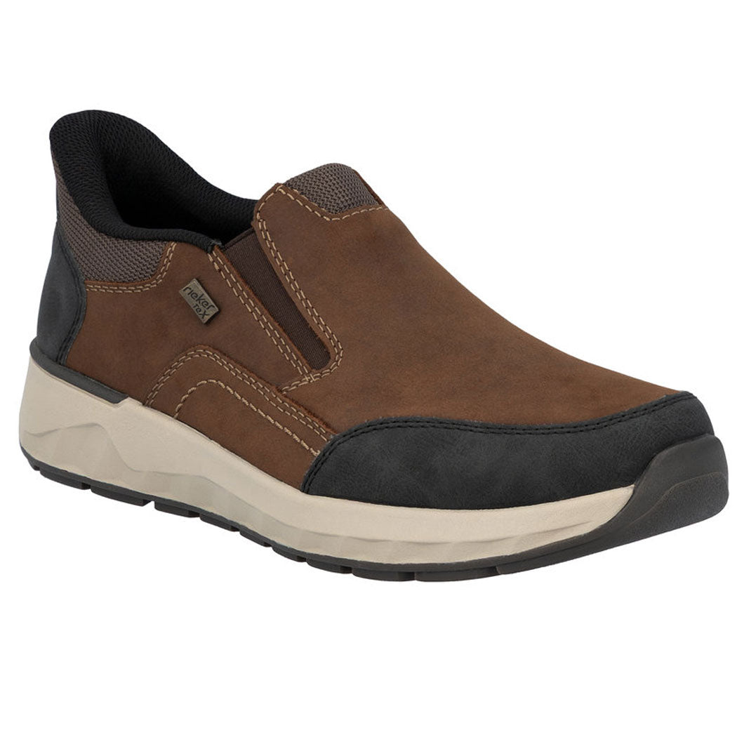 Men’s Rieker brown waterproof slip-on casual shoes with reinforced toe, elastic gussets, and shock-absorbing rubber outsole.