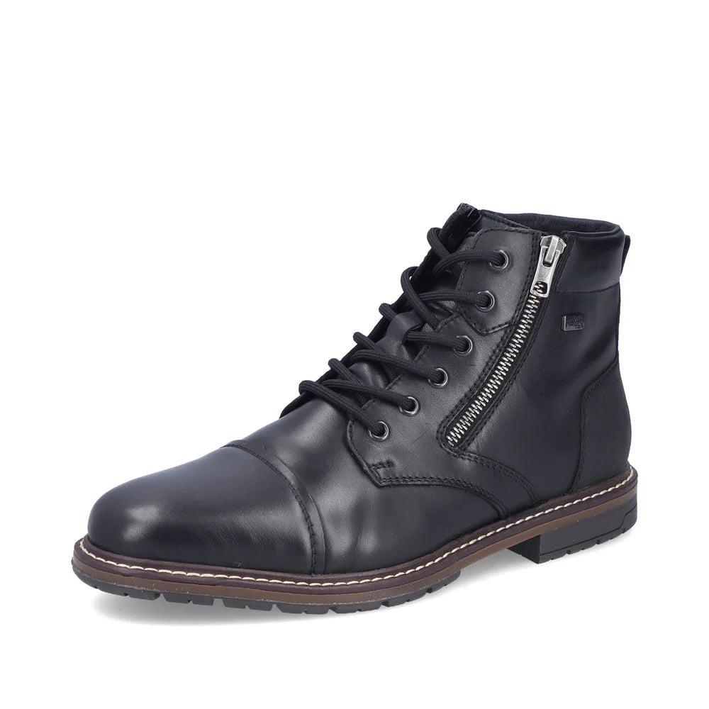 Rieker Men’s black leather lace-up boot with side zipper, warm wool lining, and grippy sole for all-day comfort and dry feet in cold weather.