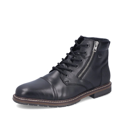 Rieker Men’s black leather lace-up boot with side zipper, warm wool lining, and grippy sole for all-day comfort and dry feet in cold weather.