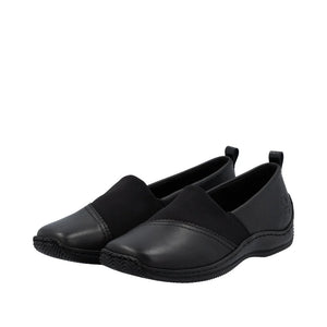 Black slip-on Rieker shoes with smooth leather upper, elastic band for easy wear, stitchdown construction for flexibility, and a light, shock-absorbing sole for all-day comfort.