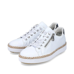 White suede leather sneakers with lace-up closure, side zipper, jute-trimmed sole, padded removable insole, and grippy outsole for secure traction and all-day comfort.