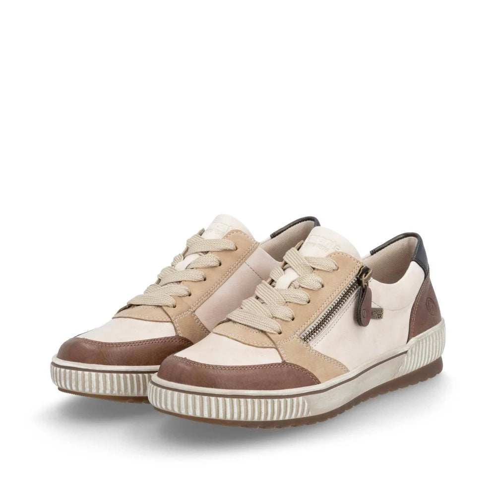 Beige and cinnamon brown leather Remonte women's lace-up shoes with side zipper, padded removable insole, water-resistant membrane, and textured rubber sole for all-day comfort.