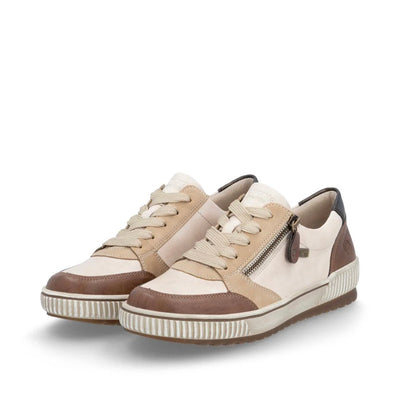 Beige and cinnamon brown leather Remonte women's lace-up shoes with side zipper, padded removable insole, water-resistant membrane, and textured rubber sole for all-day comfort.