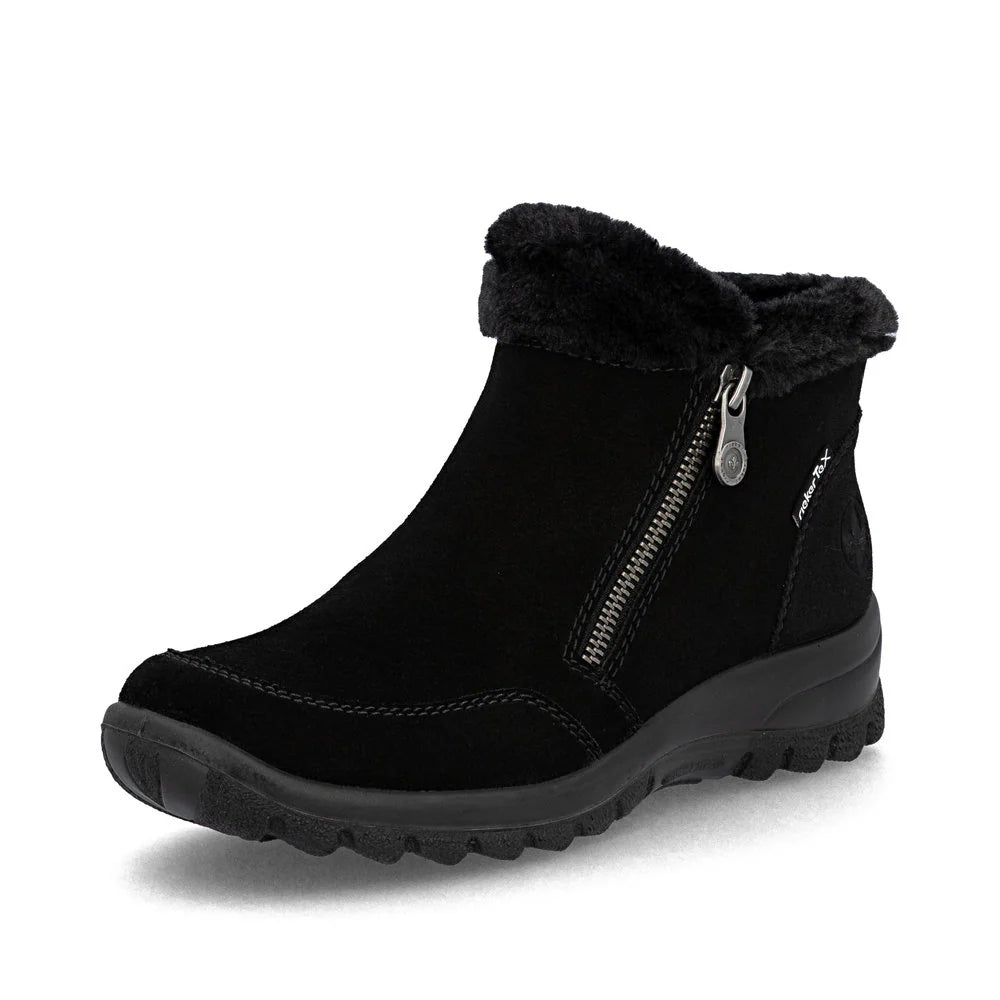 Rieker Women’s black suede ankle boots with faux fur collar, side zipper, and water-repellent TEX membrane for cozy, weatherproof comfort.