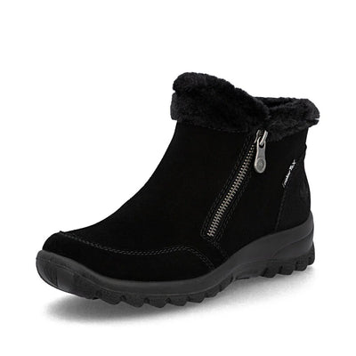 Rieker Women’s black suede ankle boots with faux fur collar, side zipper, and water-repellent TEX membrane for cozy, weatherproof comfort.