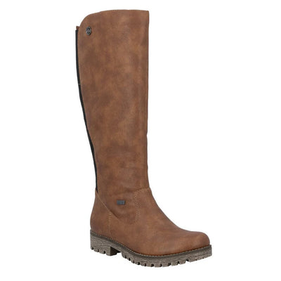 Women’s Rieker tan tall boots featuring lambswool lining, side zip closure, and durable lug outsole for warmth and traction.