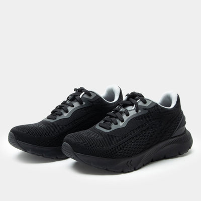 Pair of black mesh sneakers with gray accents, lace-up closure, padded collar, removable footbed, and ultra-light ReBounce™ outsole with rubber bottom for comfort, support, and slip resistance.