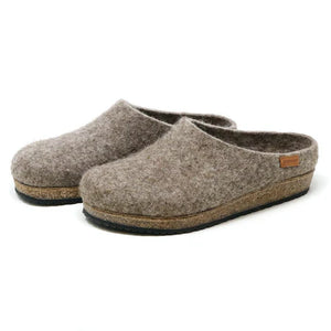 Natural grey undyed wool women’s clog by Stegmann; seamless upper, sustainable cork sole, textured rubber tread, roomy toe box.