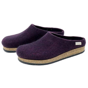 Magenta felt wool house clog by Stegmann; minimalist slip-on with roomy toe, cork-latex platform, and grippy rubber sole.