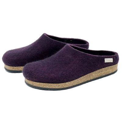 Magenta felt wool house clog by Stegmann; minimalist slip-on with roomy toe, cork-latex platform, and grippy rubber sole.