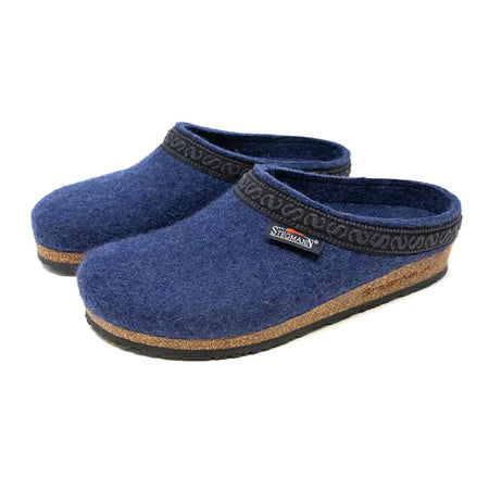 Stegmann Original 108 women’s Merino felt clogs in navy, ribbon collar trim, supportive cork-latex midsole, textured rubber outsole.