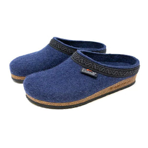 Stegmann Original 108 women’s Merino felt clogs in navy, ribbon collar trim, supportive cork-latex midsole, textured rubber outsole.