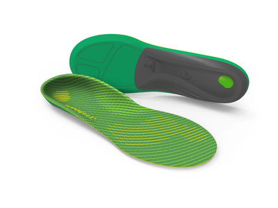 Superfeet Run Support High Arch insoles with green and yellow top surface and black and green carbon fiber underside, designed for running and walking shoes with removable insoles.