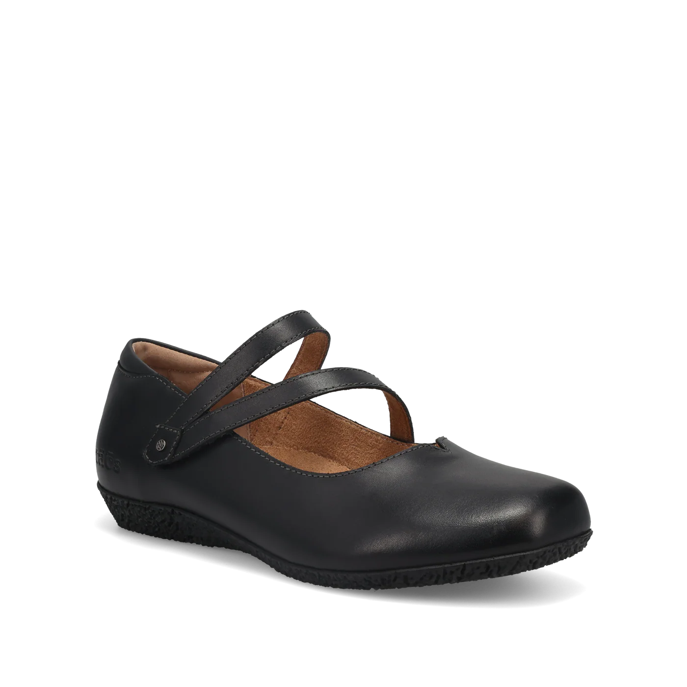 Black leather Taos Banter women’s flats featuring chic cross V-strap closure, removable footbed, and durable flexible sole.