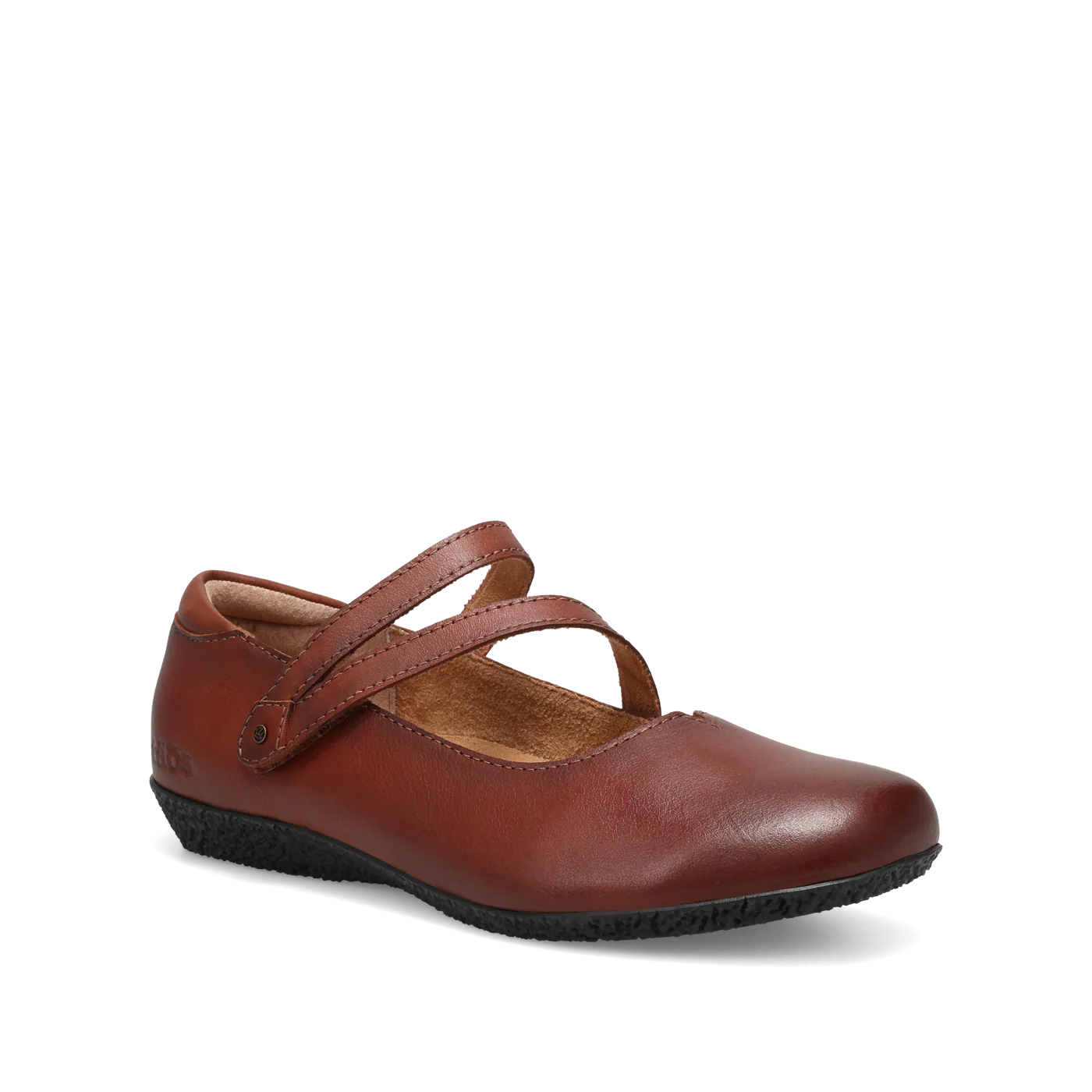 Women’s Taos Banter cognac flats with luxe leather upper, secure V-strap style, cushioned microfiber lining, and orthotic-friendly removable footbed.