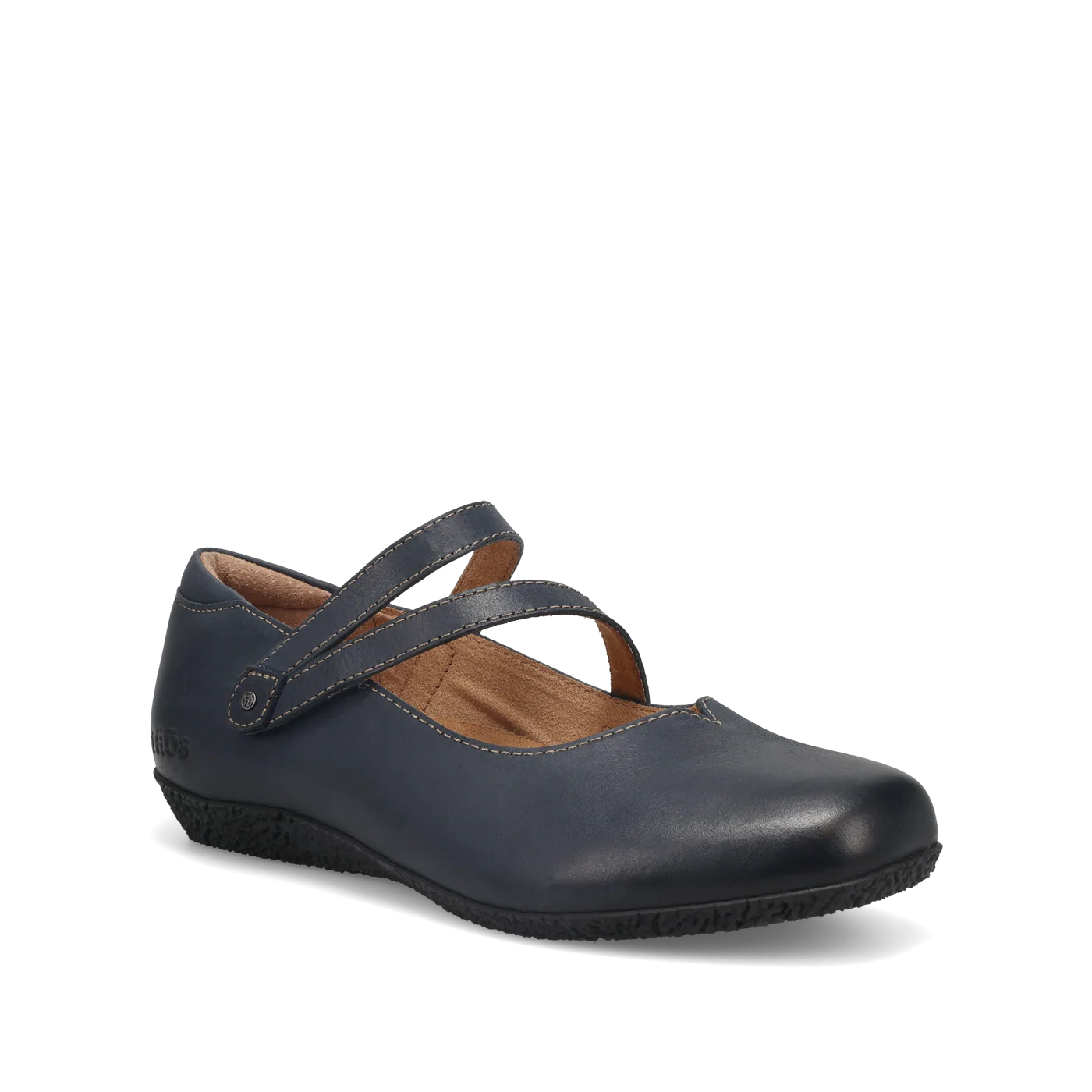 Navy leather Taos Banter flats for women featuring cross V-strap closure, arch and metatarsal support, cushioned removable footbed, and flexible rubber sole.