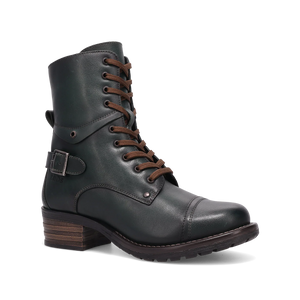 Teal leather Taos Crave women’s urban boots with faux fur lining, inside zipper, Curves & Pods® footbed, and sturdy outsole for stylish all-day wear.