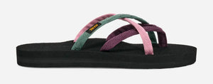 Teva slip-on sandal with multicolor recycled webbing straps and black cushioned platform sole, designed for lightweight comfort and casual all-day wear.
