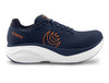 Topo Athletic Atmos 2 running shoe in navy and orange with max cushioning ZipFoam midsole, breathable engineered mesh upper, and neutral support design for daily running and walking comfort.