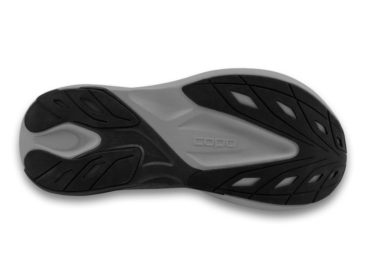 Side view of an all-black Topo running shoe with subtle tonal swirl logo on the side, topo branding on the gray sole, and a thick cushioned midsole for comfort and performance.