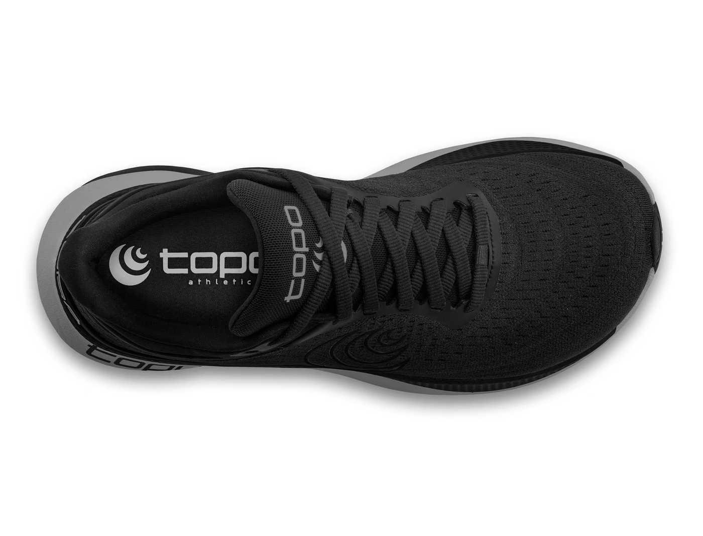 Top view of an all-black Topo running shoe with subtle tonal swirl logo on the side, topo branding on the gray sole, and a thick cushioned midsole for comfort and performance.