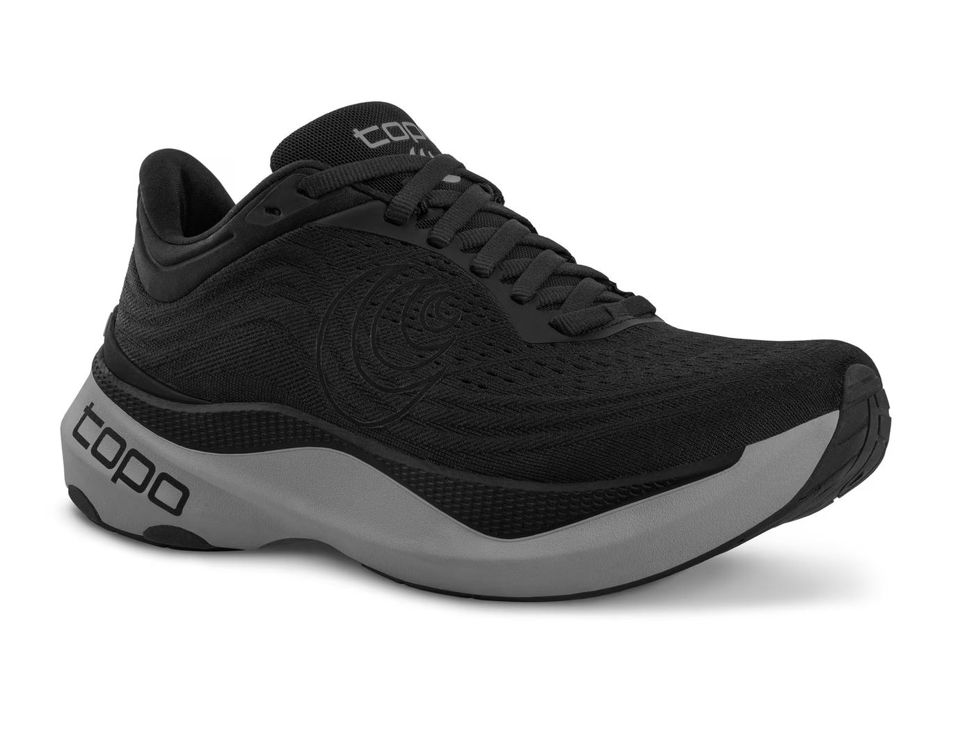 Side view of an all-black Topo running shoe with subtle tonal swirl logo on the side, topo branding on the gray sole, and a thick cushioned midsole for comfort and performance.